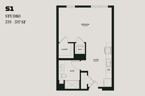 Floor plan for studio, 1 bath, 533 sqft